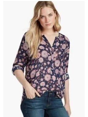 Lucky Brand Floral Half Button Lightweight Semi Sheer Viscose Blouse